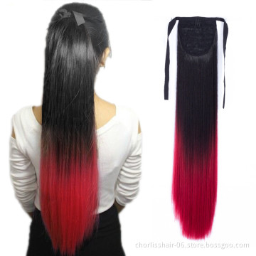 Ombre Hair Long Clip In Synthetic Ponytail  Wrap Around Hairpiece Curly Straight Pony Tail Heat Resistant Fiber Hair Extension